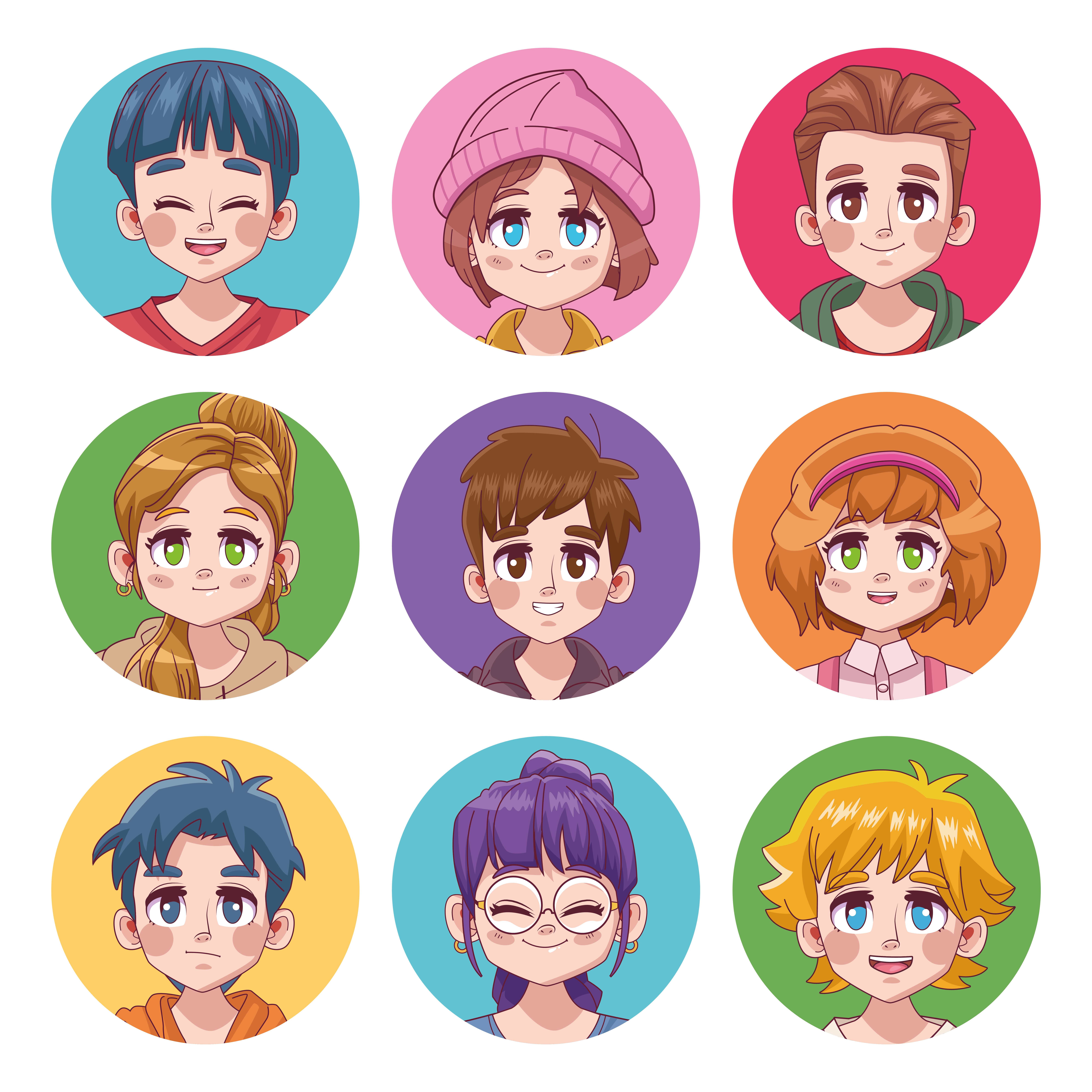 grupo de nove adolescentes fofos personagens de mangá de anime 2508363  Vetor no Vecteezy